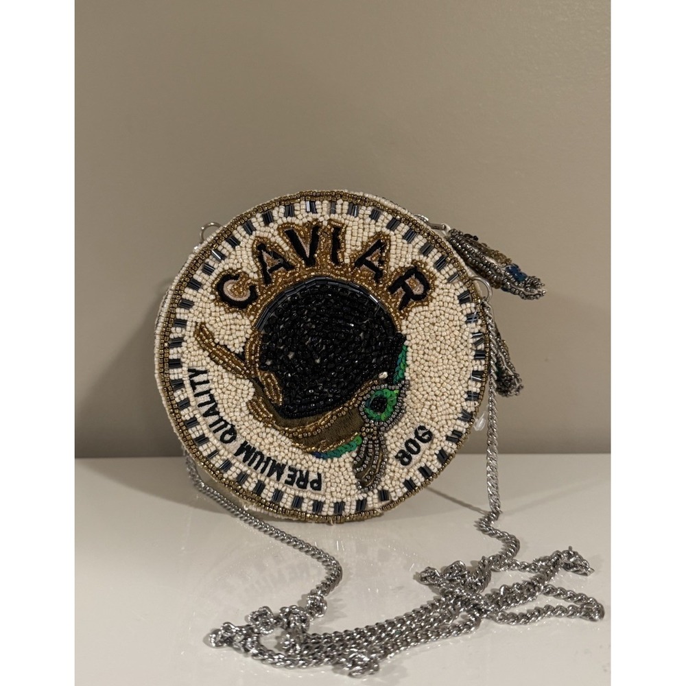NWT Caviar Beaded Bag Handcrafted In India Silver Crossbody Chain Strap Fish